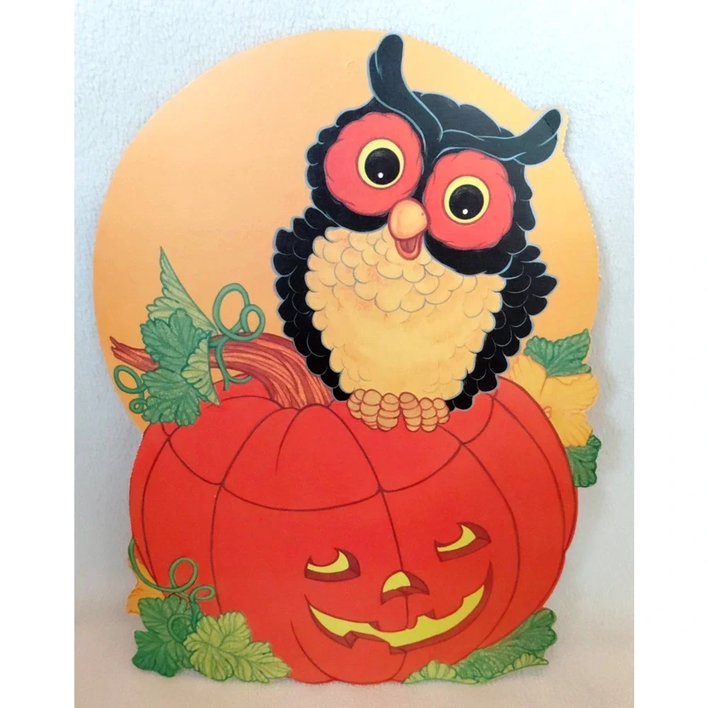 3 Vtg 1970s Eureka Halloween Die-Cut Cutout Decorations Owl/Ghosts/Bats/Pumpkins
